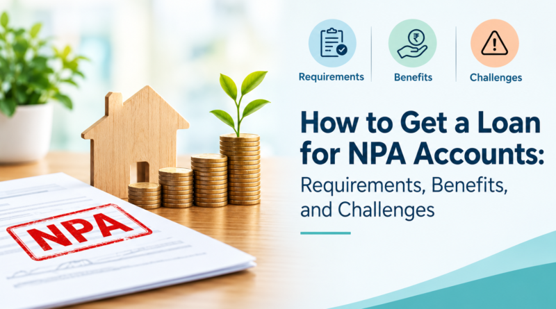 Fund Source infographic illustrating NPA loan options, featuring an NPA-stamped document, a house model, rising coin stacks, and icons representing loan requirements, benefits, and challenges.